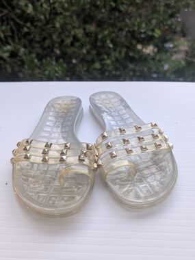 Vince Camuto Clear Jelly Slide Sandals with Gold Pyramid Studs